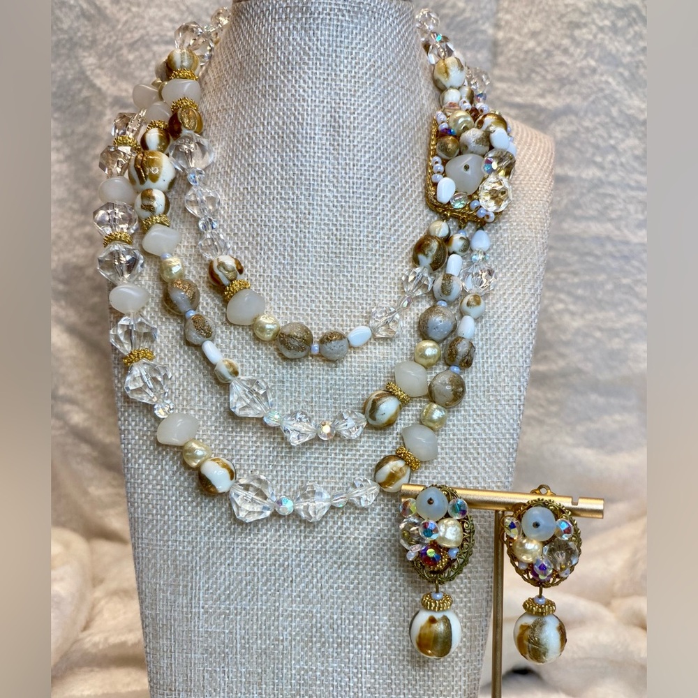 Vintage Multimedia 3 Strand Necklace and Earrings Set Glass Lucite Faux Pearl 16